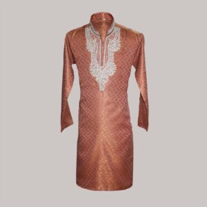 Brocade Pattern With Floral And Paisley Design With Heavy Embroidery Fancy Orange Kurta For Men In Jamawar Stuff - Medium Size