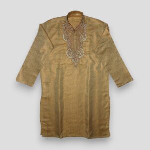Brocade Pattern With Floral And Paisley Design With Heavy Embroidery Fancy Golden Kurta For Men In Jamawar Stuff - Medium Size