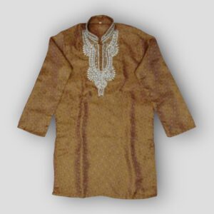 Brocade Pattern With Floral And Paisley Design With Heavy Embroidery Fancy Orange Kurta For Men In Jamawar Stuff - Small Size