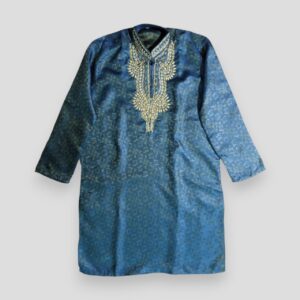 Brocade Pattern With Floral And Paisley Design With Heavy Embroidery Fancy Blue Kurta For Men In Jamawar Stuff - Medium Size