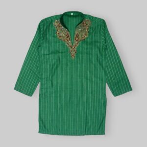 Striped pattern With Beads Embellishments and heavy Embroidery on Neckline Fancy Green Kurta For Men in Indian Silk Stuff - Small Size