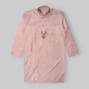 Plain Pattern with Subtle Texture and Embroidery on Neckline Fancy Pink Kurta For Men In Indian Wash n Wear Stuff - Medium Size