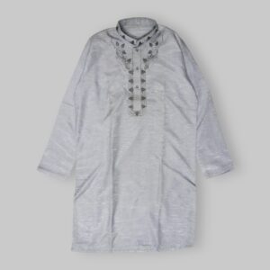Plain Pattern with Subtle Texture and Embroidered Neckline Fancy Greyish Light Blue Kurta For Men In Indian Silk Stuff - Medium Size