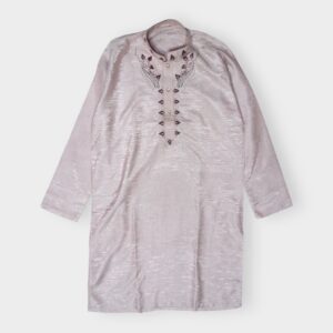 Plain Pattern with Subtle Texture and Embroidered Neckline Fancy Light Pink Kurta For Men In Indian Silk Stuff - Medium Size