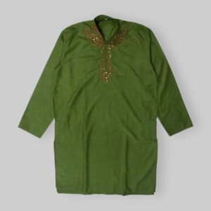 Plain Pattern with Beads Embellishments and Heavy Embroidery on Neckline Fancy Dark Green Kurta For Men In Indian Wash and Wear Stuff - Large Size