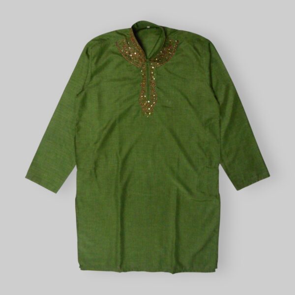 Plain Pattern with Beads Embellishments and Heavy Embroidery on Neckline Fancy Dark Green Kurta For Men In Indian Wash and Wear Stuff - Large Size
