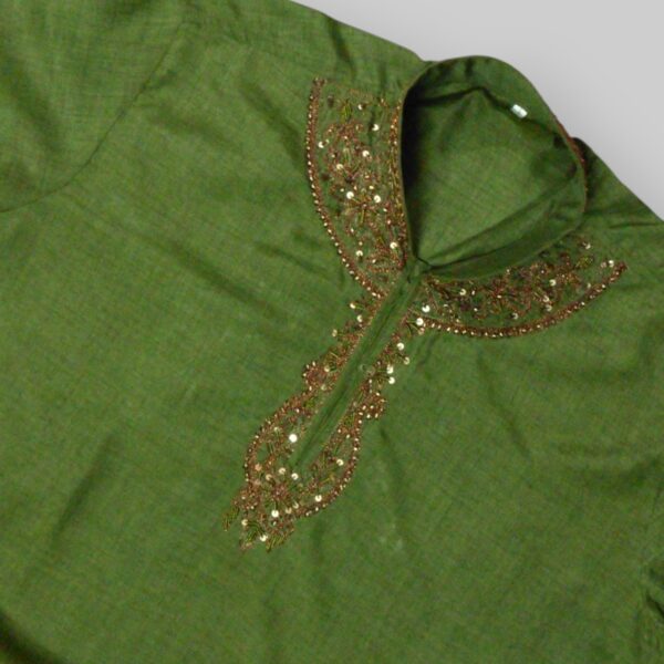 Plain Pattern with Beads Embellishments and Heavy Embroidery on Neckline Fancy Dark Green Kurta For Men In Indian Wash and Wear Stuff - Large Size - Image 2