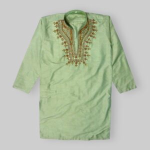 Plain Pattern with Beads Embellishments and Heavy Embroidery on Neckline Fancy Light Green Kurta For Men In Indian Silk Stuff - Small Size