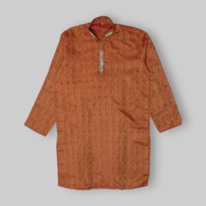 Brocade Pattern With Floral And Paisley Design With Beads Embellishments Fancy Carmine Colour Kurta For Men In Jamawar Stuff - Small and Medium Size