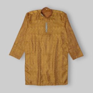Brocade Pattern With Floral And Paisley Design With Beads Embellishments On Neckline Fancy Orange Kurta For Men In Jamawar Stuff - Small Size