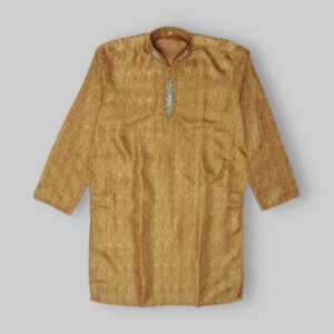 Brocade Pattern With Floral And Paisley Design With Beads Embellishments On Neckline Fancy Orange Kurta For Men In Jamawar Stuff - Small Size
